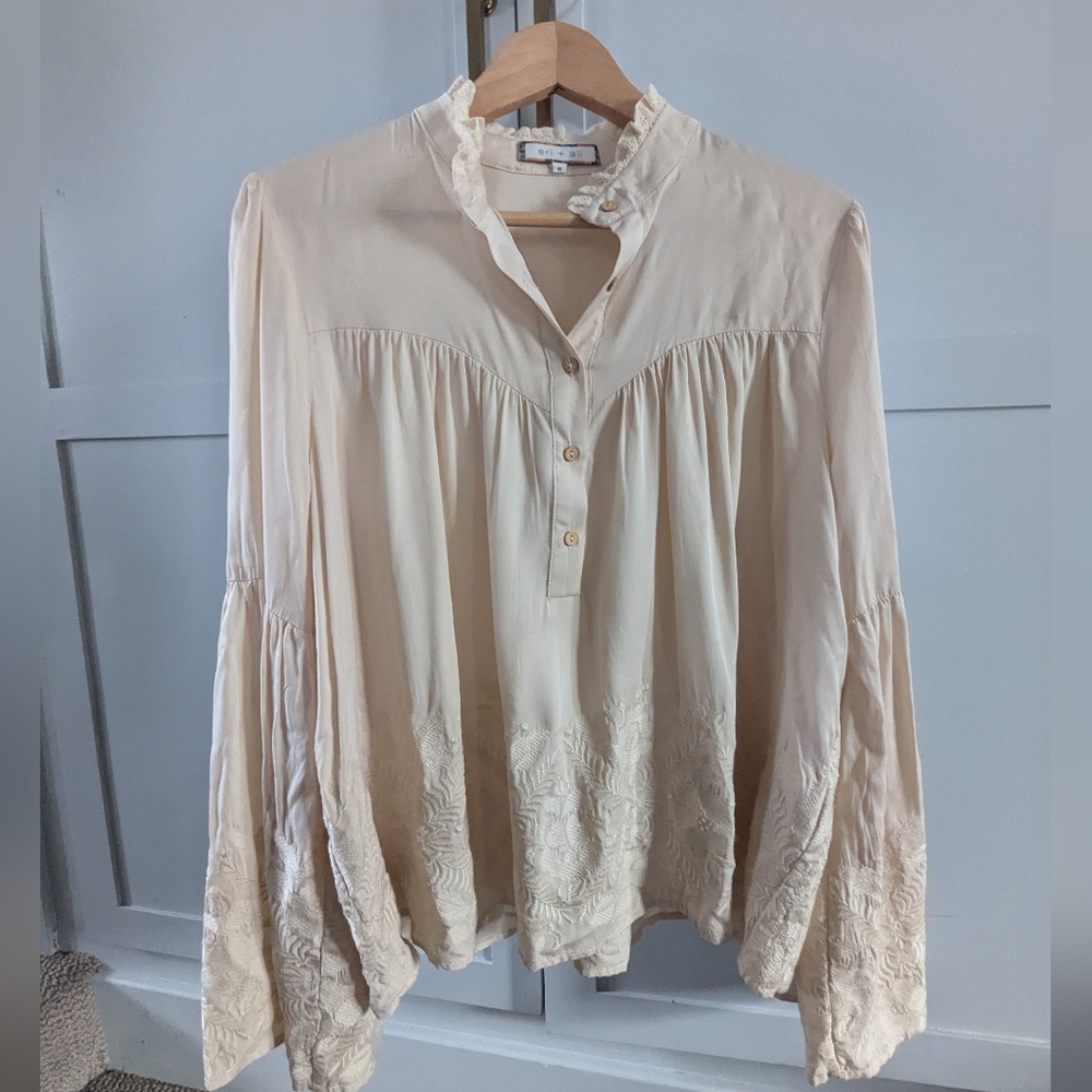 Women's Cream Embroidered Ruffle-Neck Blouse